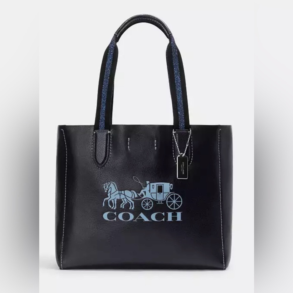NWT COACH DERBY LEATHER TOTE WITH HORSE AND CARRIAGE SILVER/NAVY SHOULDER BAG